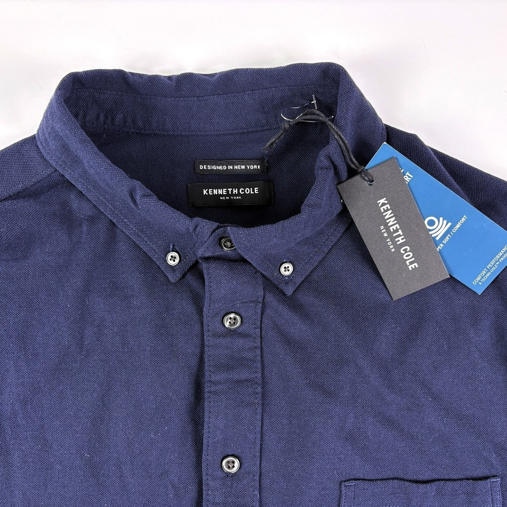 NWT Kenneth Cole L/S Knit Pique Button Up Shirt Mens Sz L Navy Blue Light Weight
